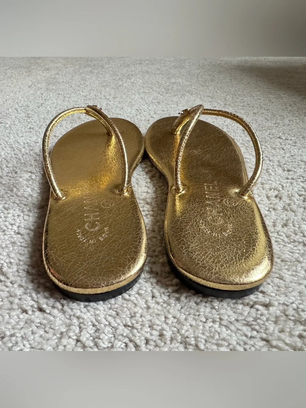 26S Chanel Thong Sandals, Laminated Gold Calfskin, Size 38